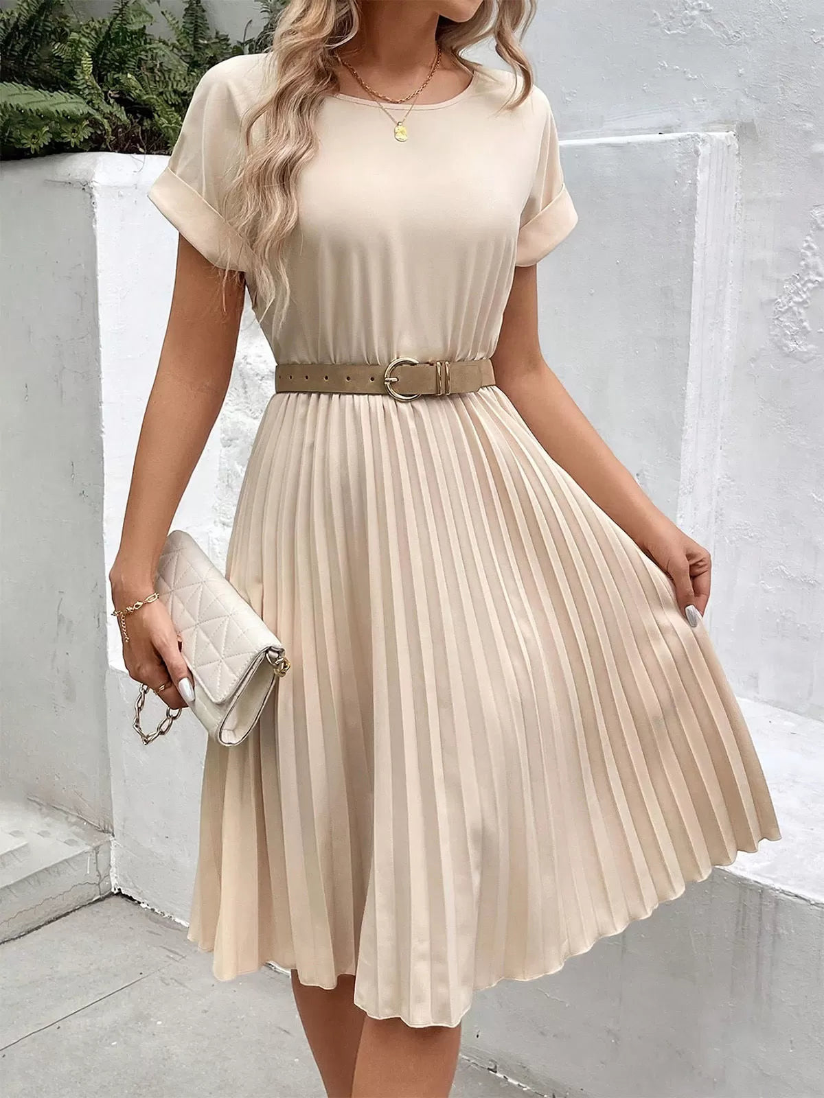 Solid Elegant Pleated A-line Dress