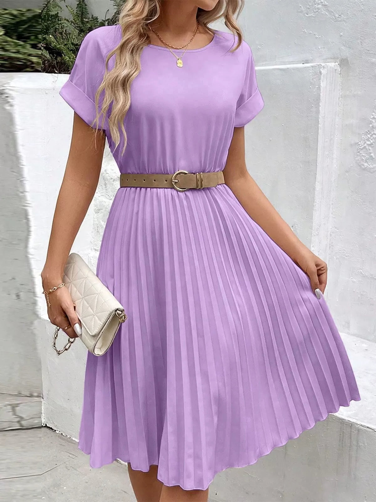 Solid Elegant Pleated A-line Dress