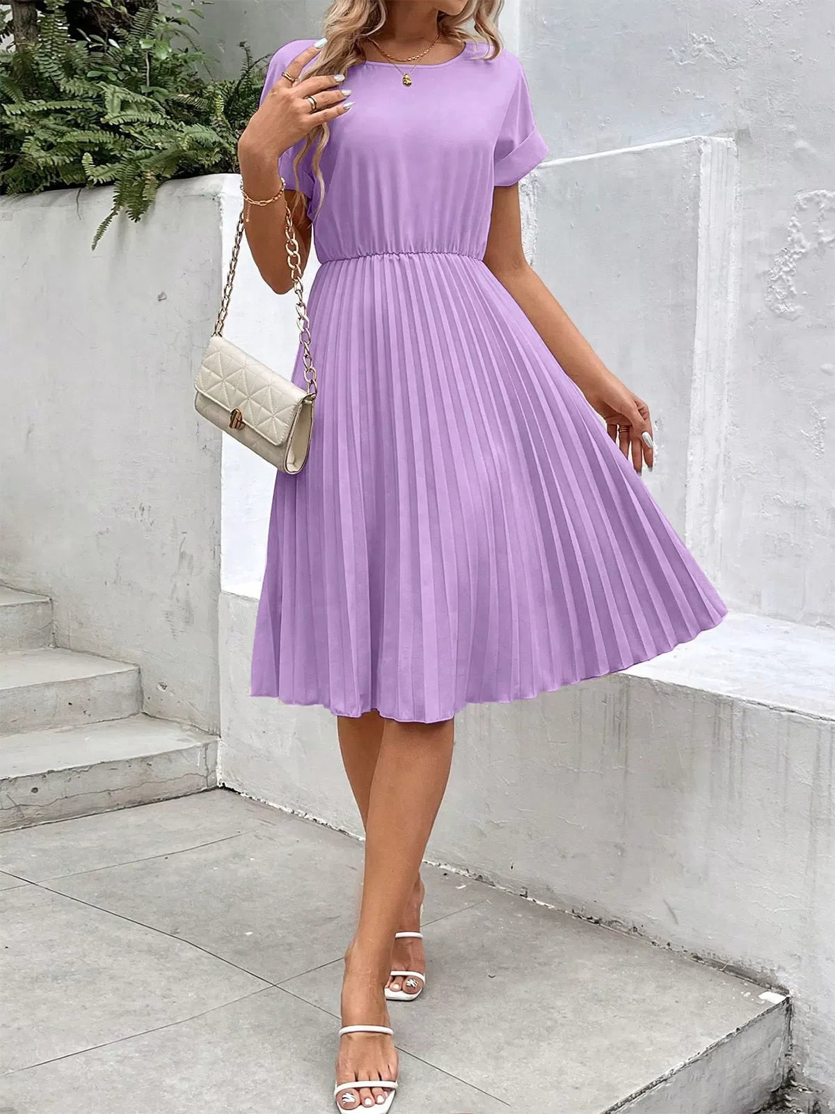 Solid Elegant Pleated A-line Dress