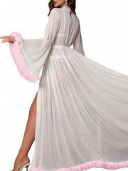 Plus Size Ruffle Trim Belted Sheer Mesh Wedding Bride Robe Nightgown