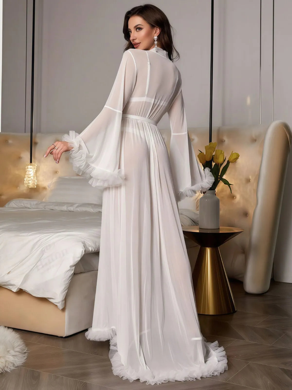 Plus Size Ruffle Trim Belted Sheer Mesh Wedding Bride Robe Nightgown