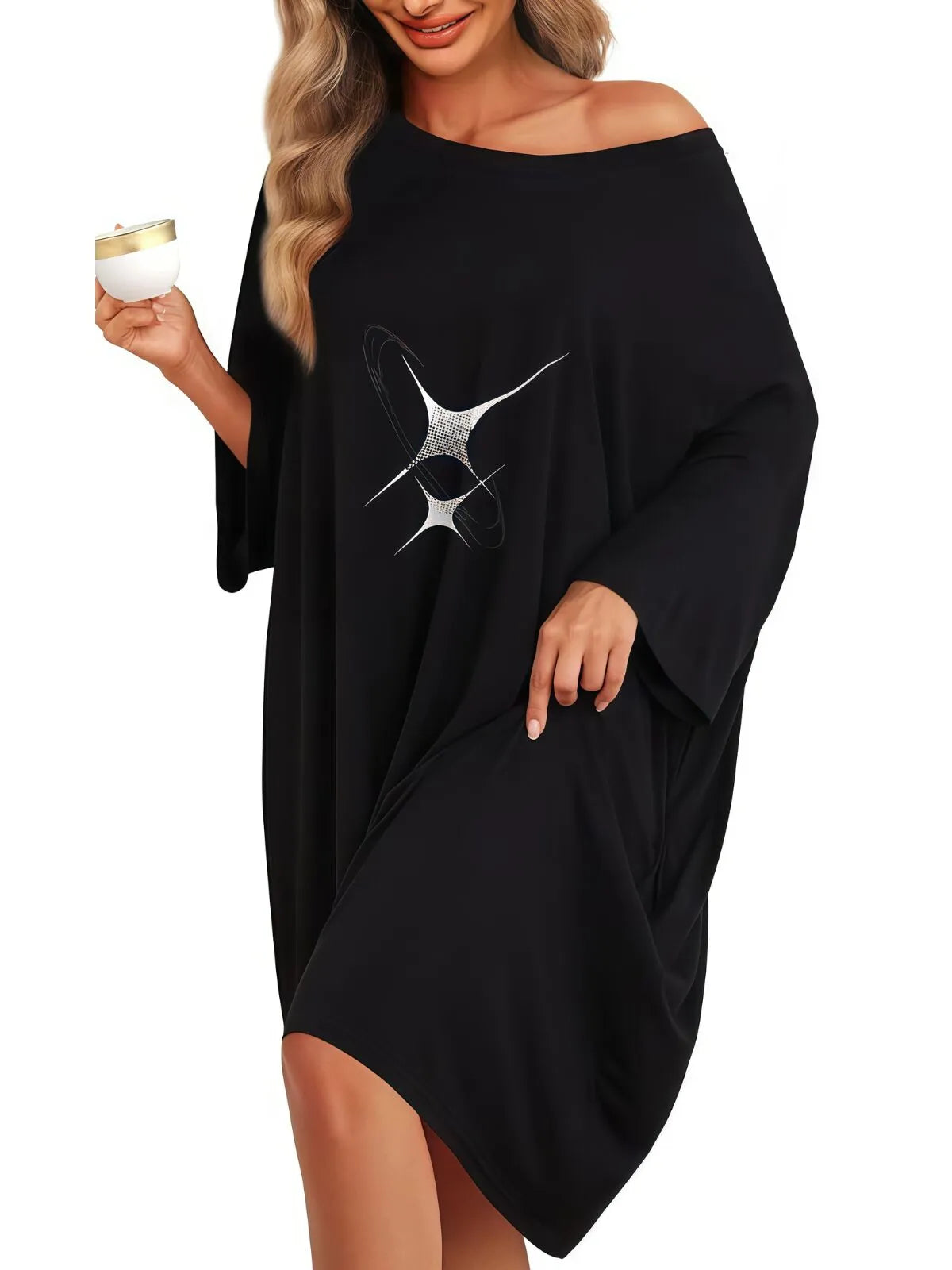 Plus Size 1pc Star Comfortable Long Sleeves Nightgown With Pocket