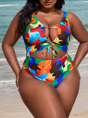 Plus Size All Over Print Backless Medium Rise Deep V Neck One-piece