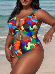 Plus Size All Over Print Backless Medium Rise Deep V Neck One-piece
