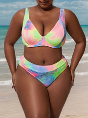 Plus Size All Over Print Lace-up Medium Rise Bikini