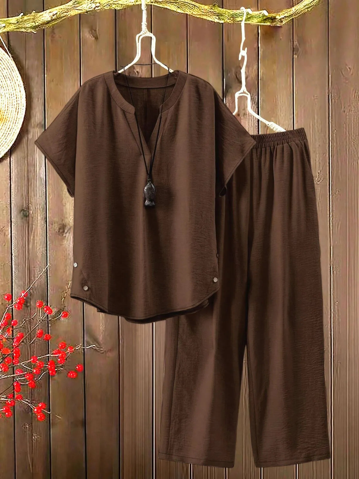 Plus Size Batwing Sleeve Notched Button Blouse & Solid Casual Pants