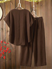 Plus Size Batwing Sleeve Notched Button Blouse & Solid Casual Pants