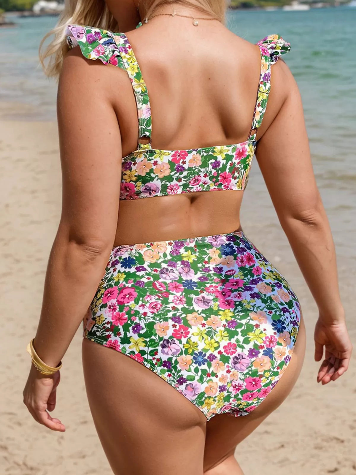 Plus Size Floral Ruffles High Rise V-neck Bikini 