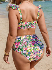Plus Size Floral Ruffles High Rise V-neck Bikini 