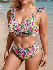 Plus Size Floral Ruffles High Rise V-neck Bikini 