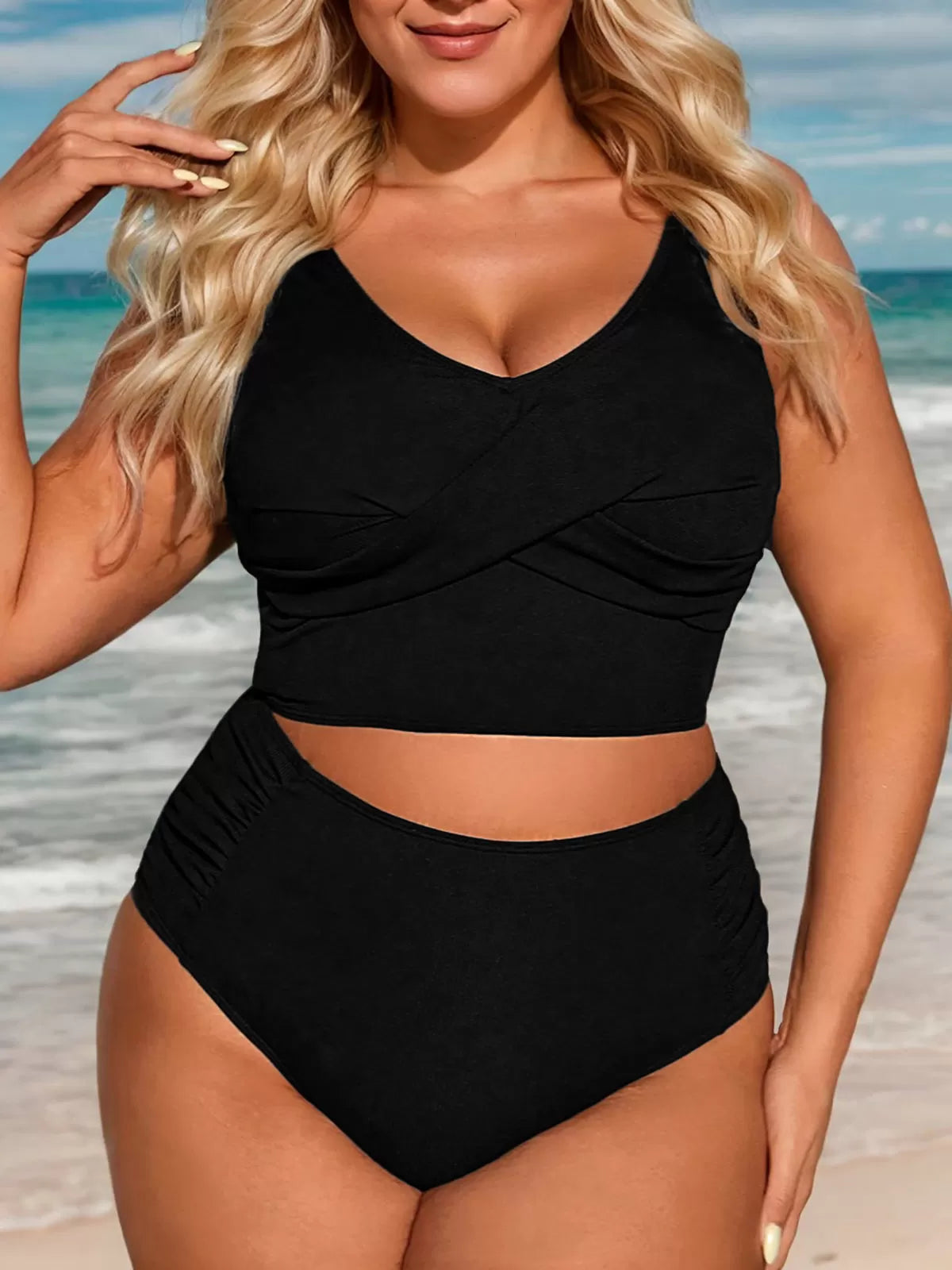 Plus Size Soild Wrinkle High Rise Bikini