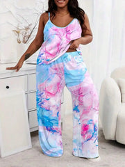 Plus Size Casual Pajama Set, Women's Tie-Dye Round Neck Loose Camisole And Pants Sleepwear 2pcs Set