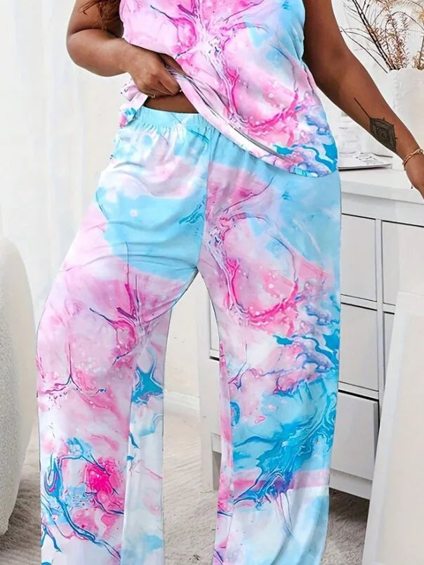 Plus Size Casual Pajama Set, Women's Tie-Dye Round Neck Loose Camisole And Pants Sleepwear 2pcs Set