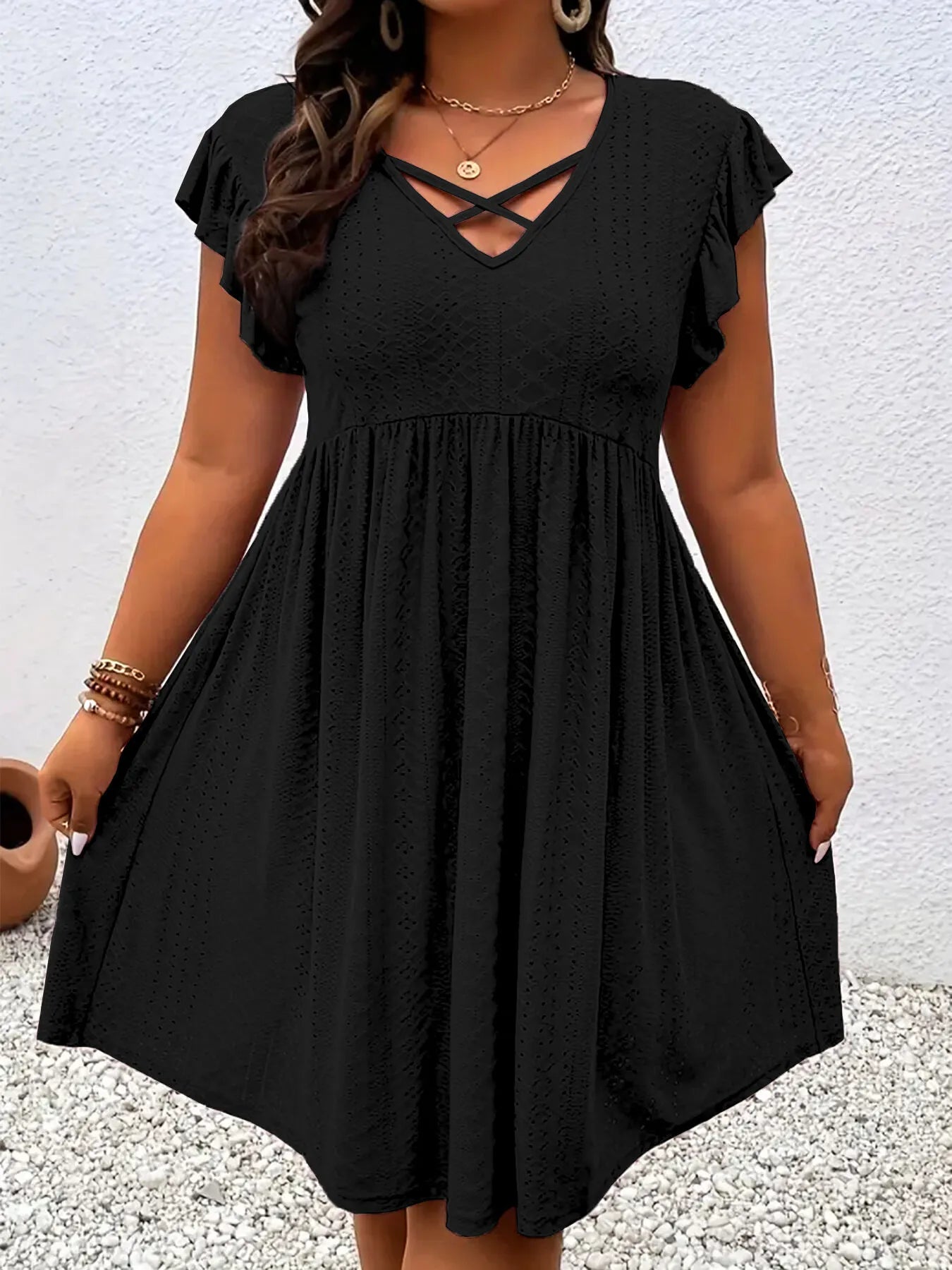 Plus Size Crochet Cutouts V-neck Petal Fit And Flare Dress