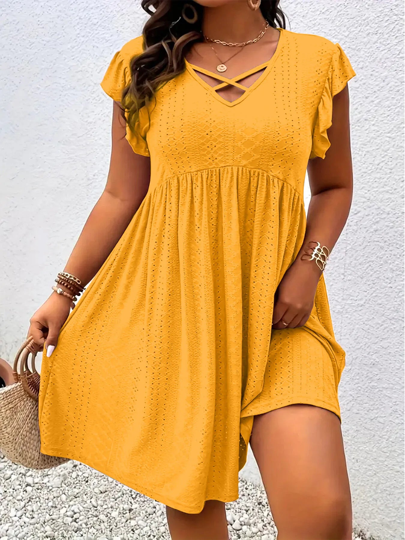 Plus Size Crochet Cutouts V-neck Petal Fit And Flare Dress