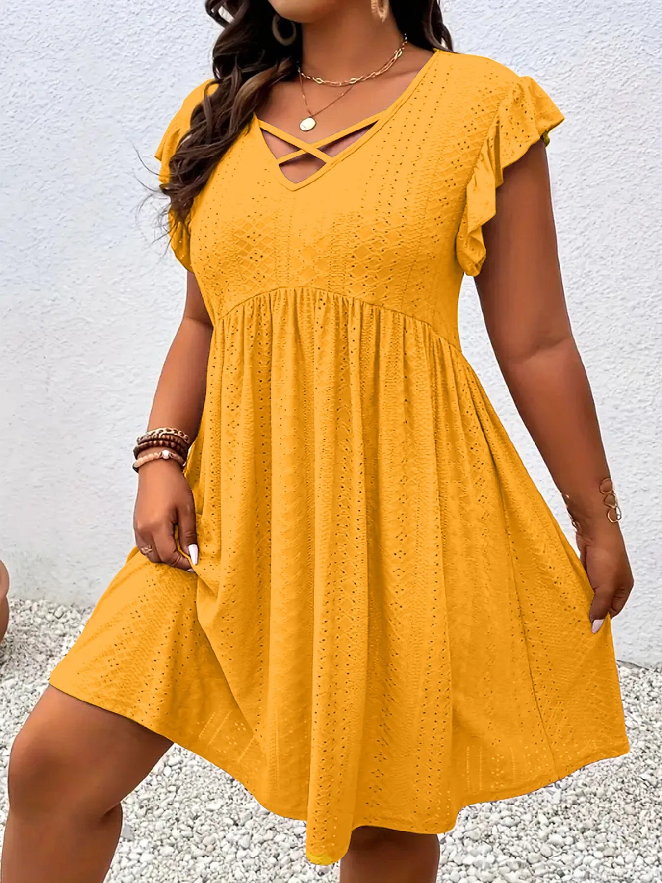Plus Size Crochet Cutouts V-neck Petal Fit And Flare Dress