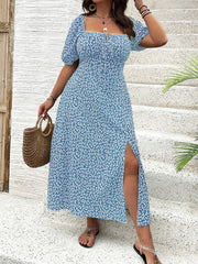 Plus Size Ditsy Floral Split Square Neck Puff A-line Dress