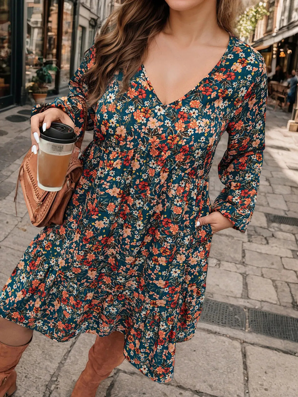 Plus Size Floral V-neck Regular Sleeve A-line Dress