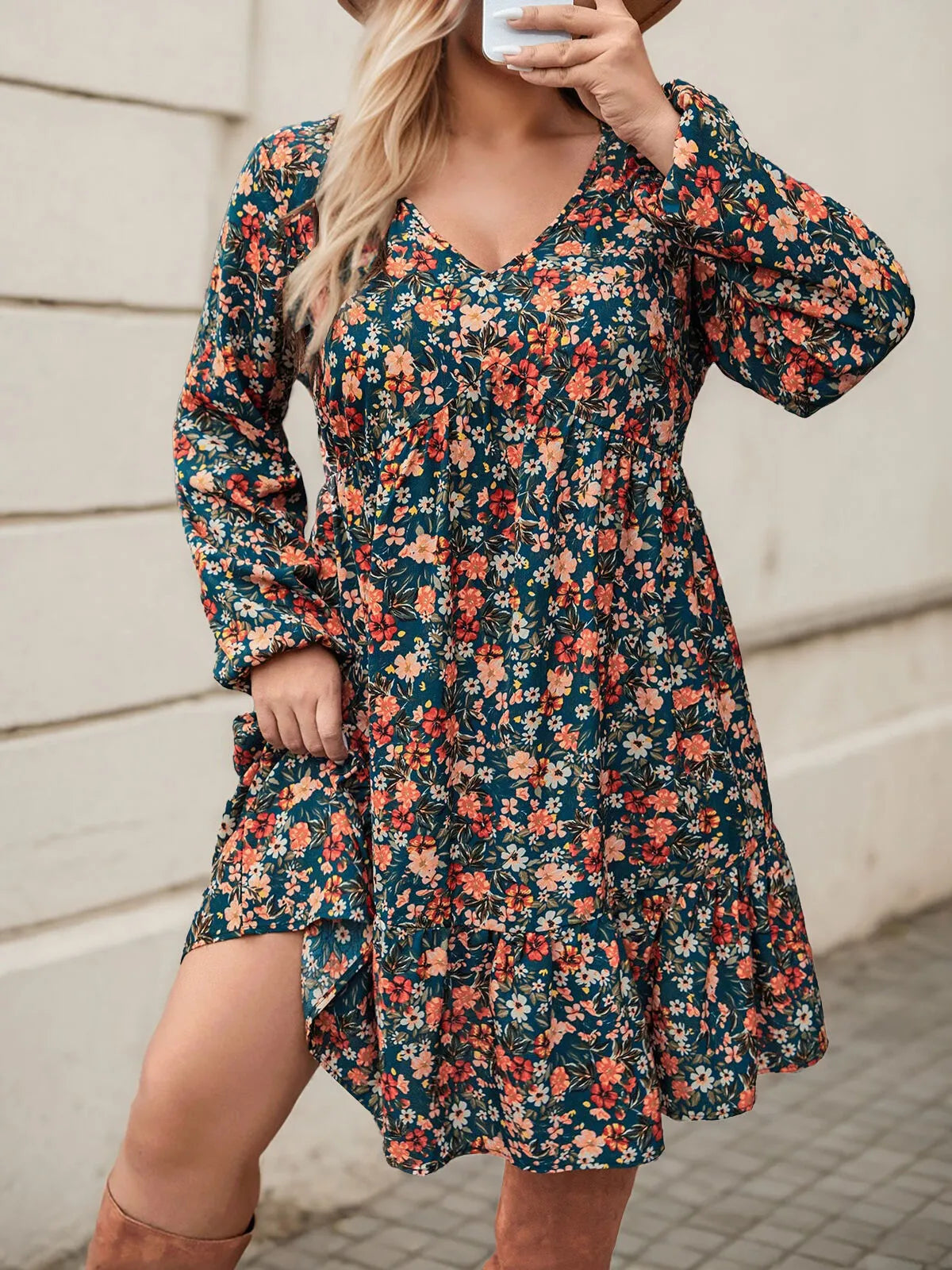 Plus Size Floral V-neck Regular Sleeve A-line Dress