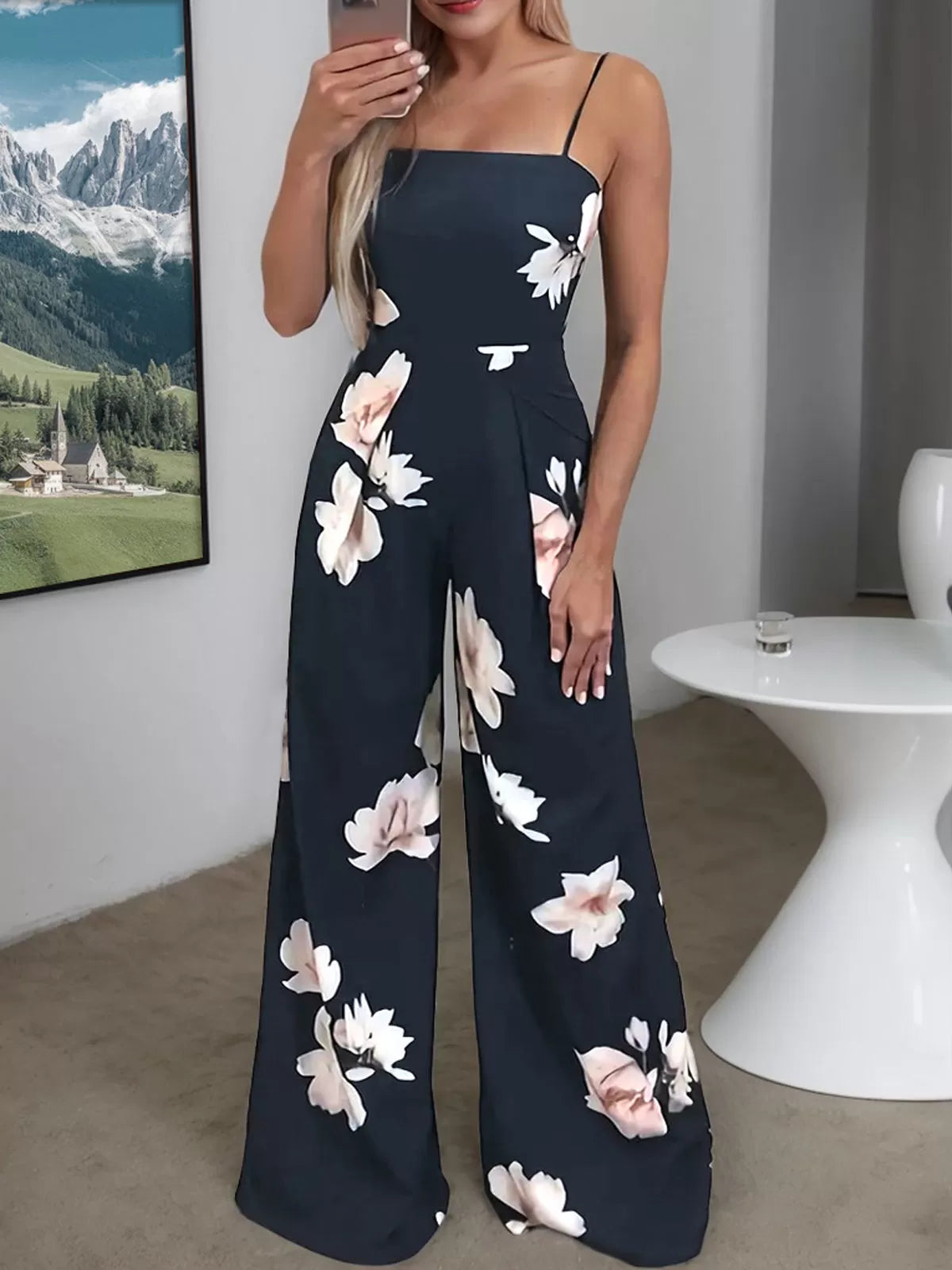 Floral Lace-up Spaghetti Strap High Rise Jumpsuit