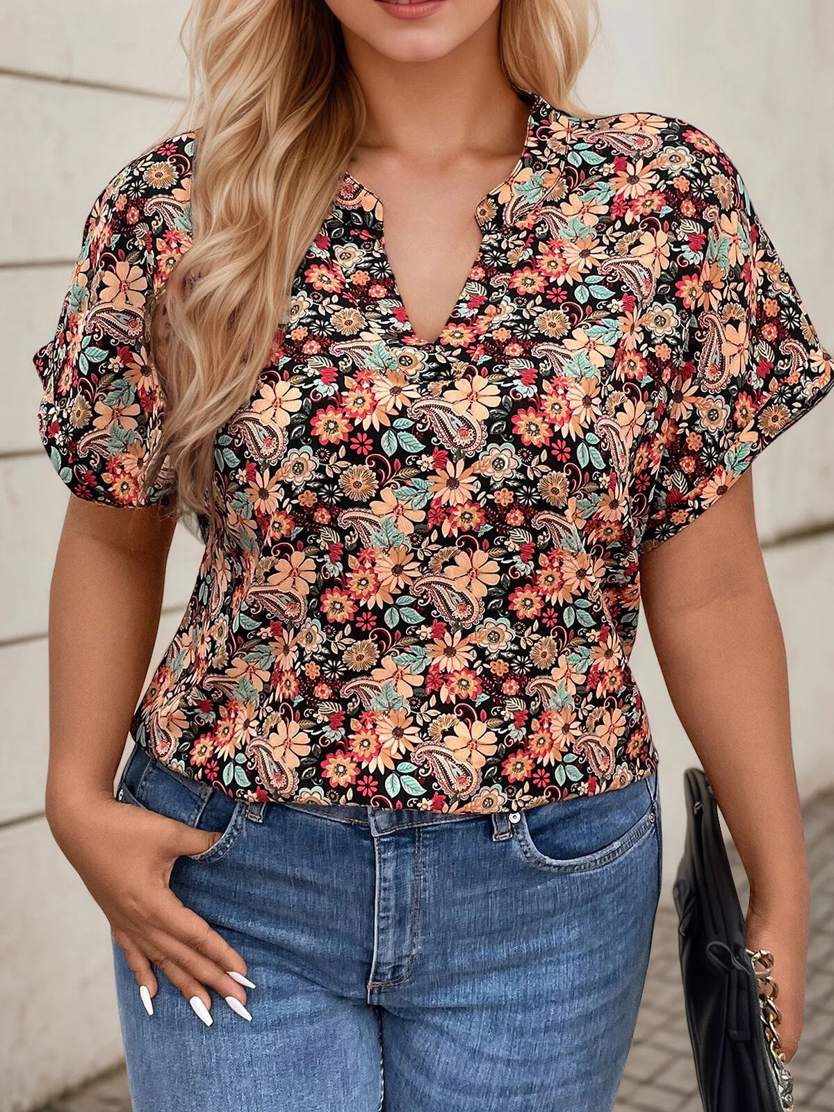 Plus Size Floral Notched Batwing Sleeve Regular Blouse