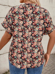 Plus Size Floral Notched Batwing Sleeve Regular Blouse