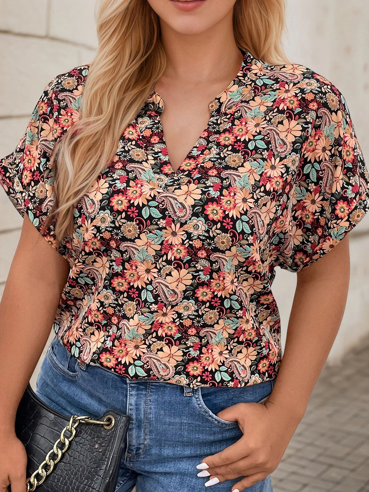 Plus Size Floral Notched Batwing Sleeve Regular Blouse