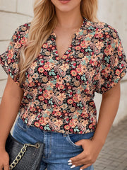 Plus Size Floral Notched Batwing Sleeve Regular Blouse