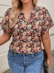 Plus Size Floral Notched Batwing Sleeve Regular Blouse