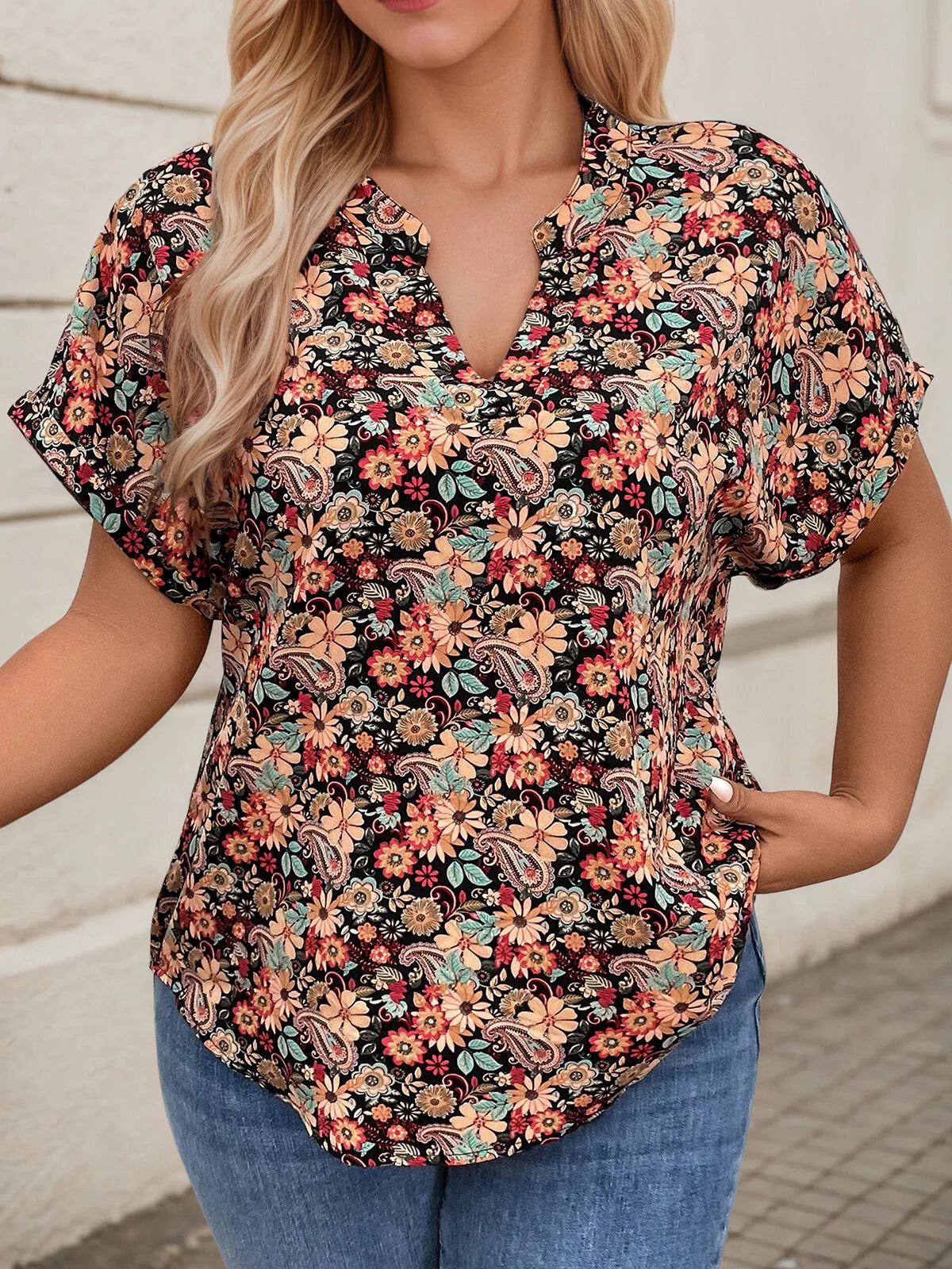 Plus Size Floral Notched Batwing Sleeve Regular Blouse