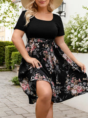 Plus Size Floral Patchwork Scoop Regular Sleeve A-line Dress