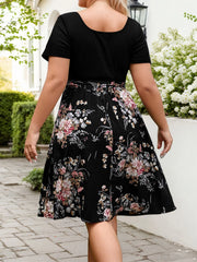 Plus Size Floral Patchwork Scoop Regular Sleeve A-line Dress