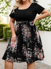 Plus Size Floral Patchwork Scoop Regular Sleeve A-line Dress