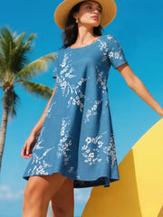 Plus Size Floral Pocket Round Neck Regular Sleeve Shift Dress