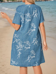 Plus Size Floral Pocket Round Neck Regular Sleeve Shift Dress