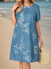 Plus Size Floral Pocket Round Neck Regular Sleeve Shift Dress