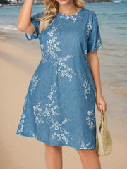 Plus Size Floral Pocket Round Neck Regular Sleeve Shift Dress