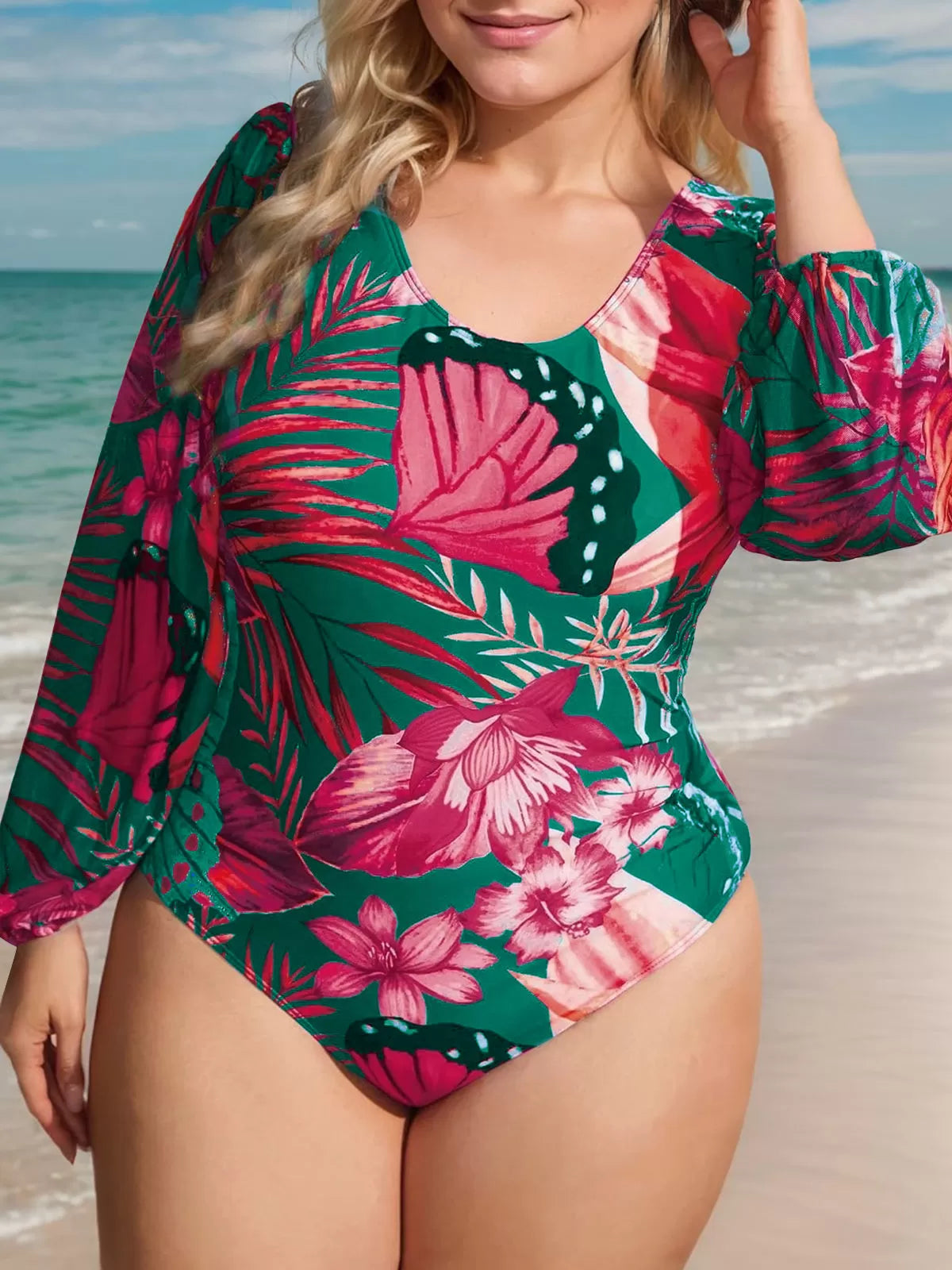 Plus Size Floral Round Neck One-piece