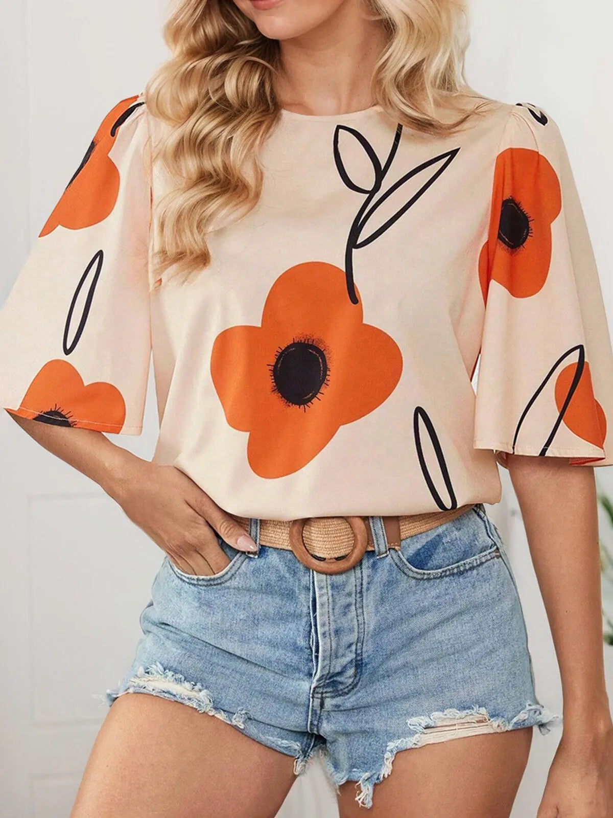 Plus Size Floral Round Neck Regular Sleeve Blouse
