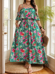 Plus Size Floral Spaghetti Strap Cold Shoulder A-line Dress