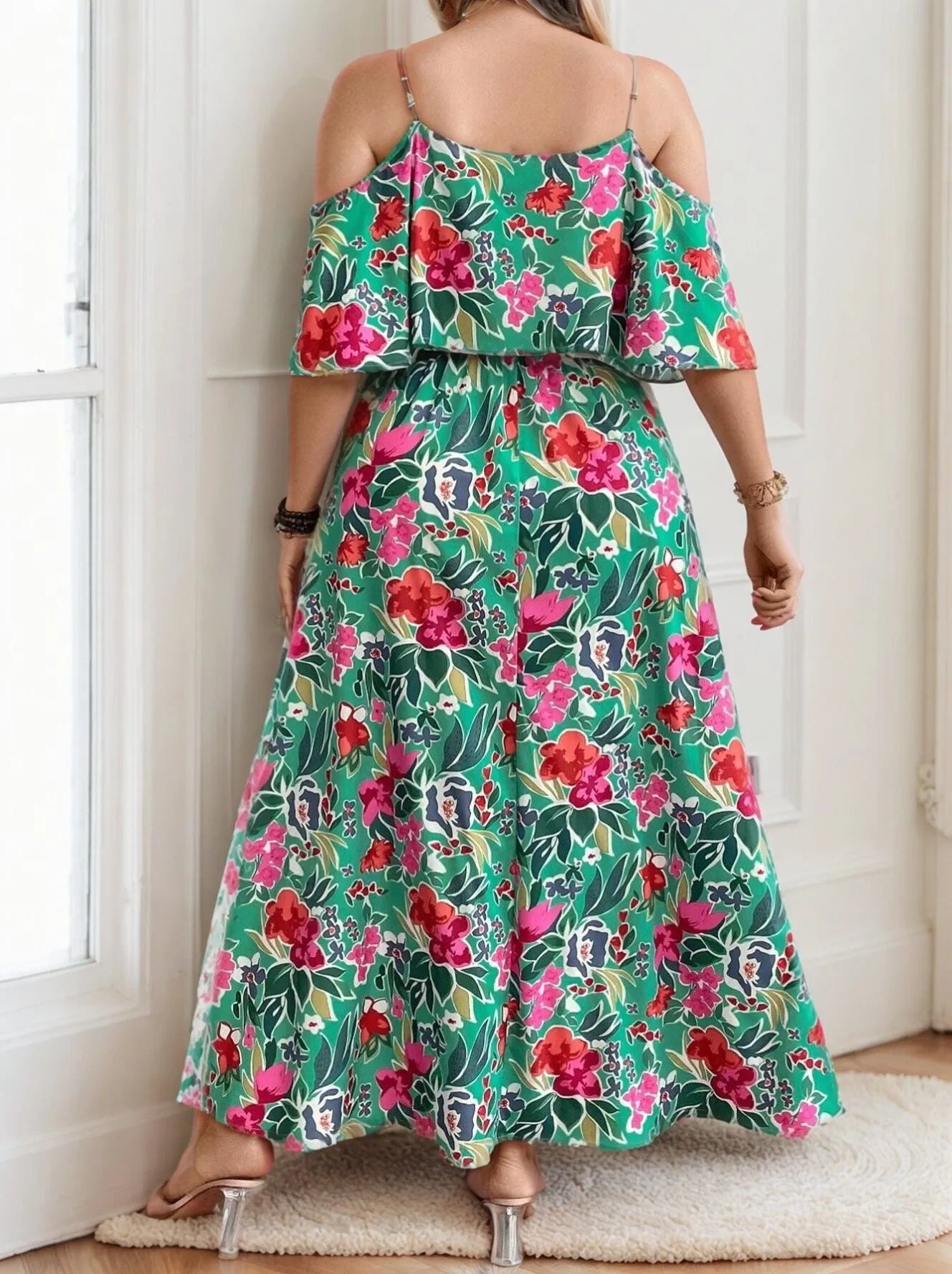 Plus Size Floral Spaghetti Strap Cold Shoulder A-line Dress