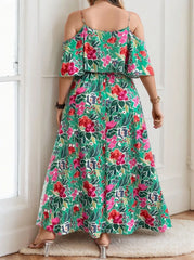 Plus Size Floral Spaghetti Strap Cold Shoulder A-line Dress