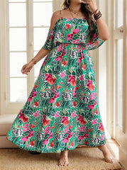Plus Size Floral Spaghetti Strap Cold Shoulder A-line Dress