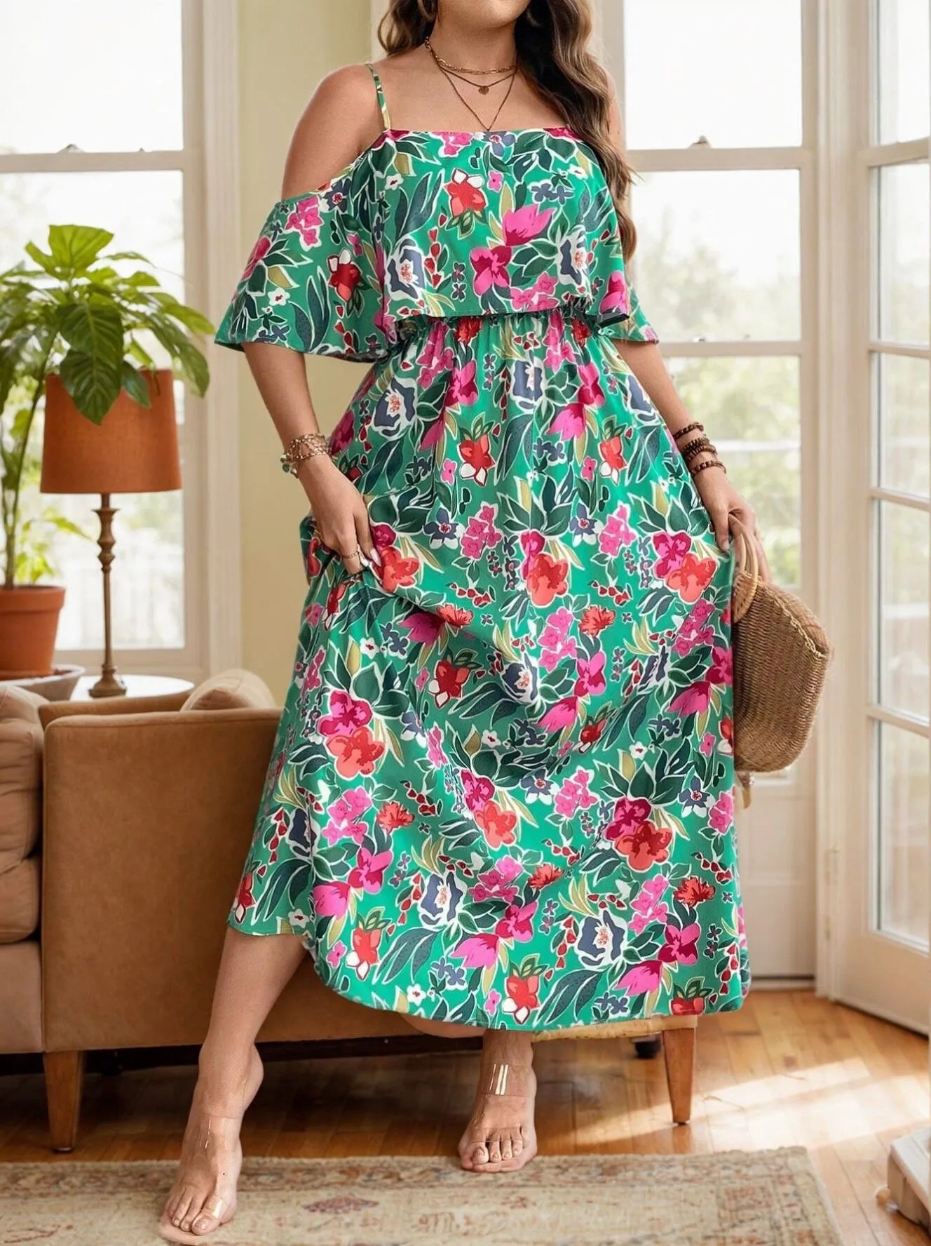 Plus Size Floral Spaghetti Strap Cold Shoulder A-line Dress