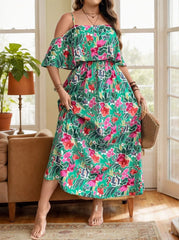 Plus Size Floral Spaghetti Strap Cold Shoulder A-line Dress