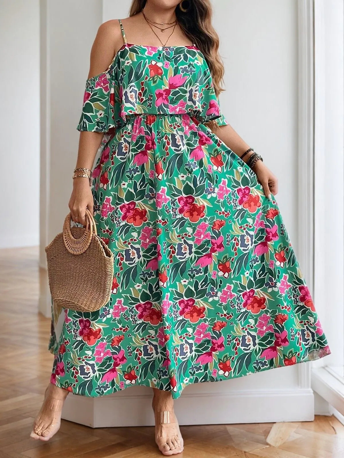 Plus Size Floral Spaghetti Strap Cold Shoulder A-line Dress