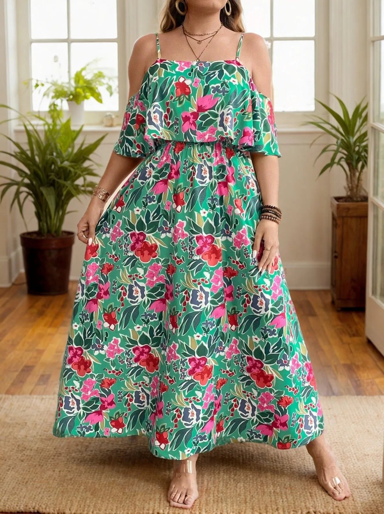 Plus Size Floral Spaghetti Strap Cold Shoulder A-line Dress