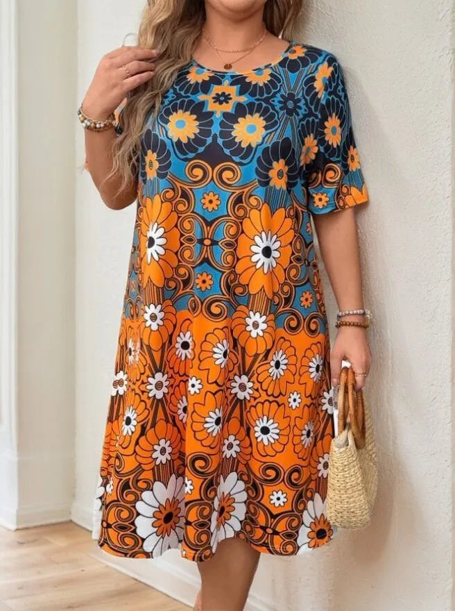Plus Size Floral Vibrant Bohemian A-line Dress
