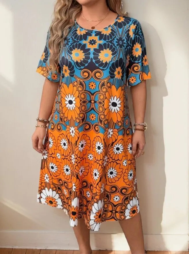 Plus Size Floral Vibrant Bohemian A-line Dress