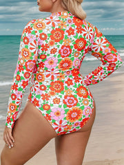 Plus Size Floral Zipper High Neck One-piece 